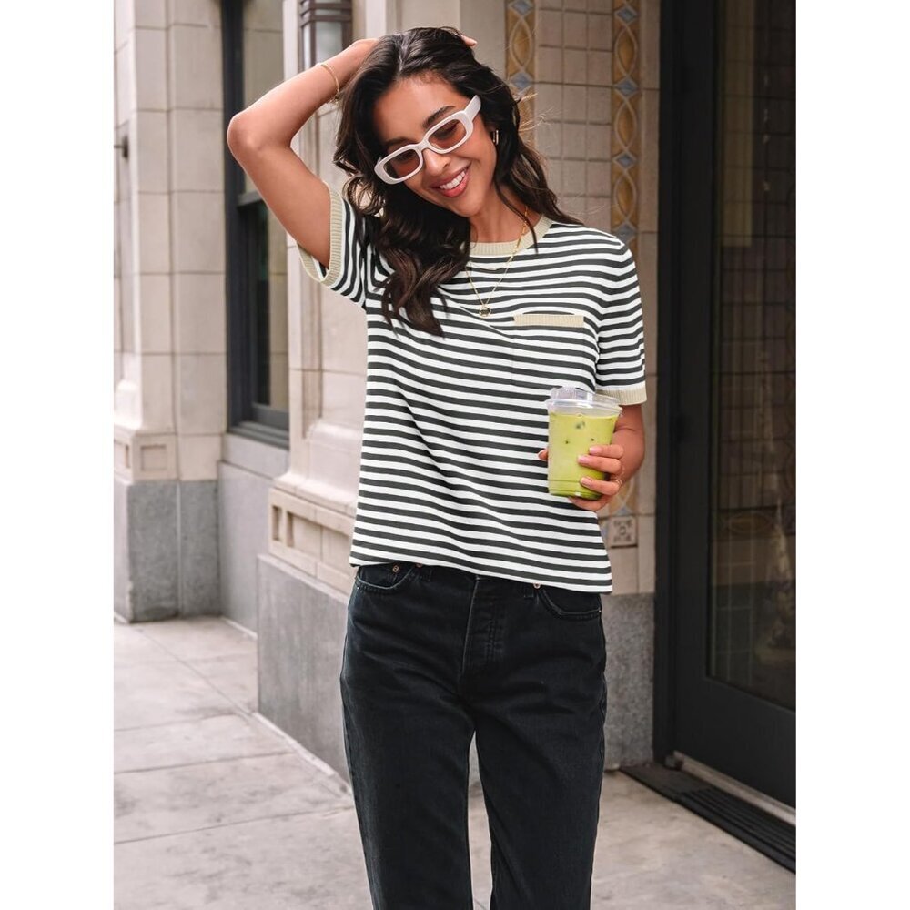 Womens Striped Short Sleeve Sweater Pullover Shirts with Chest Pocket - Picture 2 of 5
